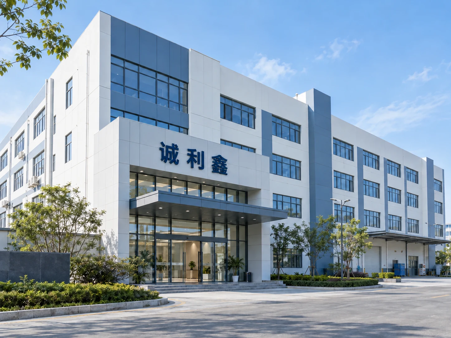生成的诚利鑫品牌工厂外景形象配图，蓝白建筑与厂区入口，用于企业视觉展示。