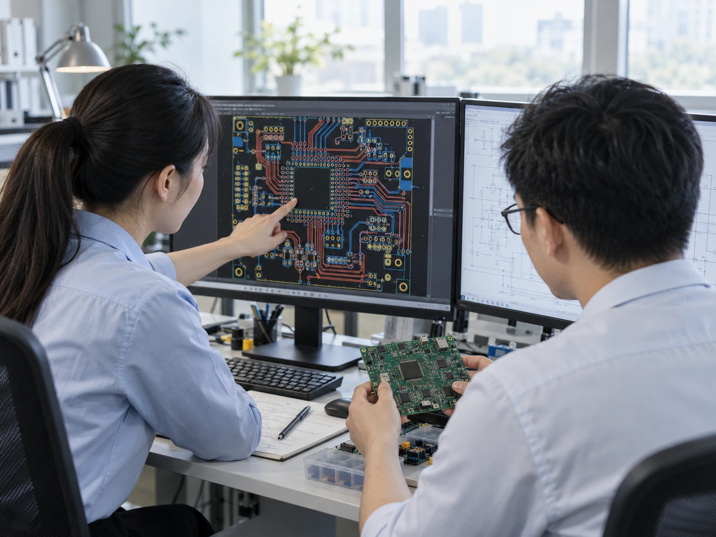 PCB设计专业工作场景生成配图,用于角色介绍,不作为真实员工及实际厂房设备证明
