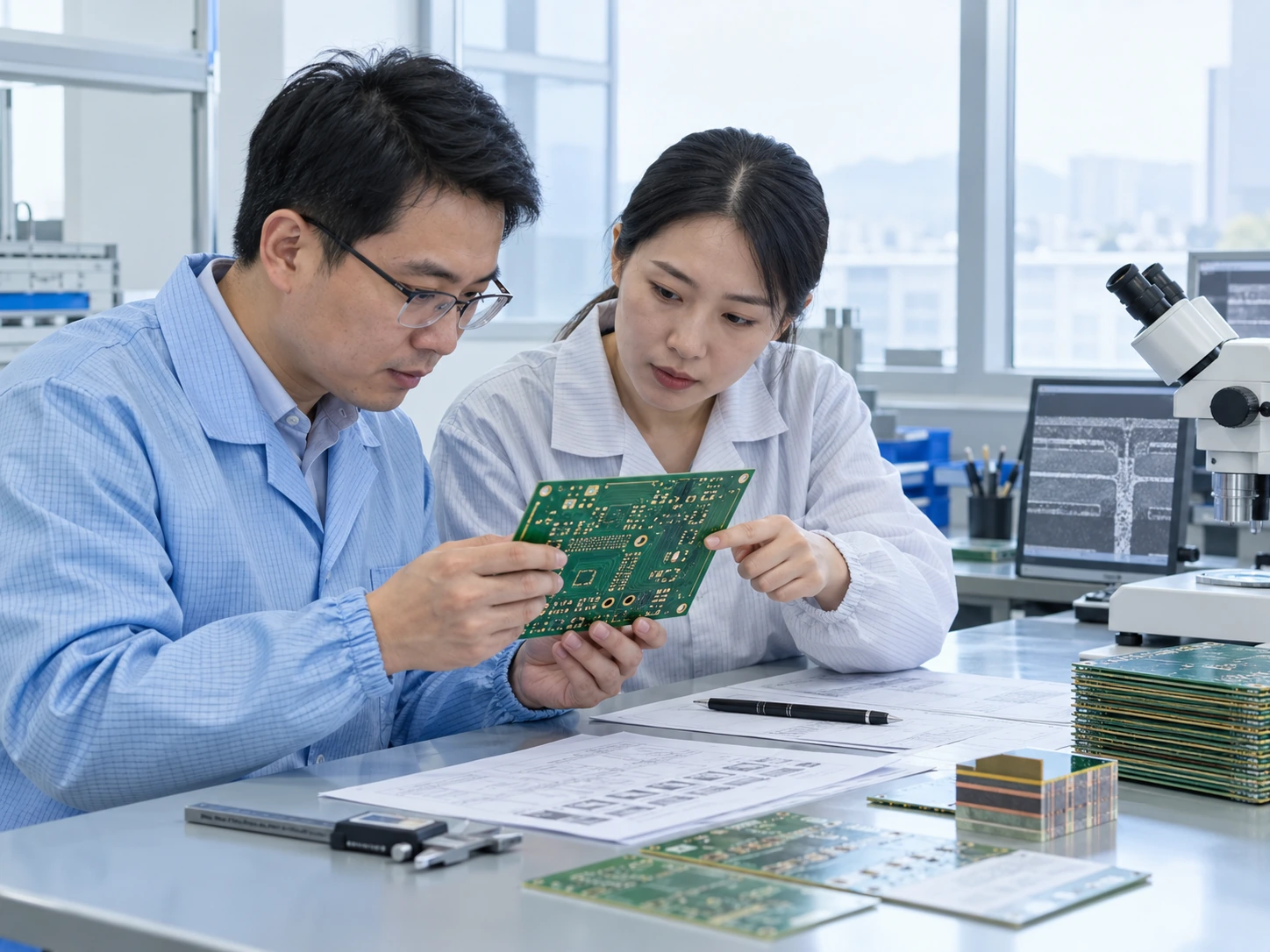 PCB制造工程专业工作场景生成配图,用于角色介绍,不作为真实员工及实际厂房设备证明