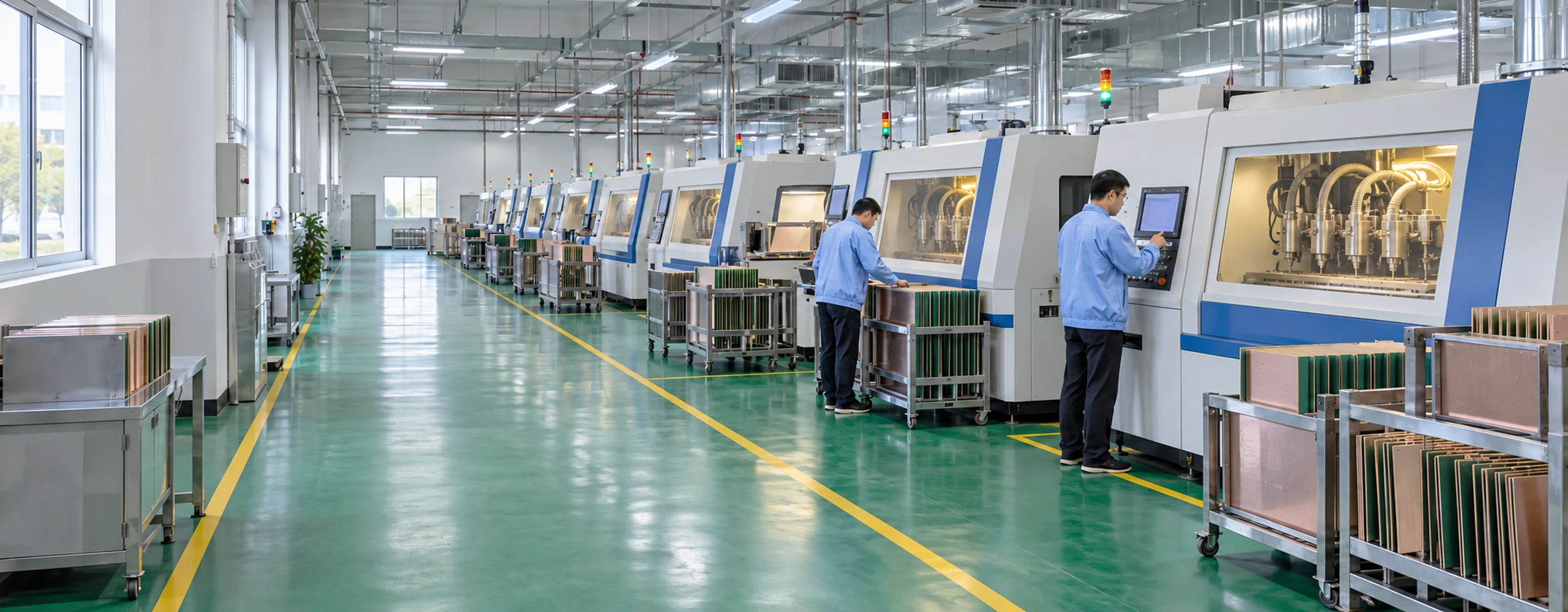 PCB钻孔车间、设备排列与板件周转场景示意