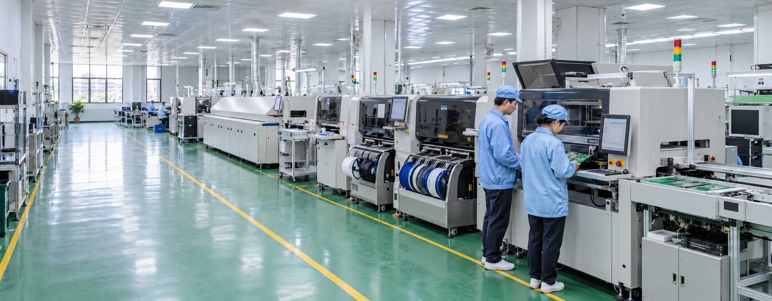 SMT贴片车间、连续产线与操作协作场景示意